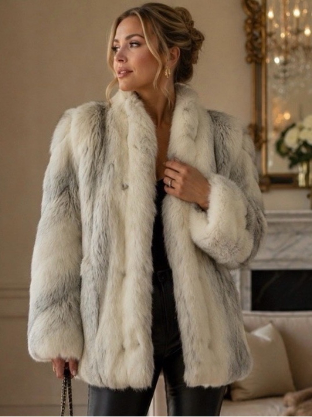 Vintage 80s Jordache Faux Fur Coat Ivory Gray Made USA Glam Winter Jacket